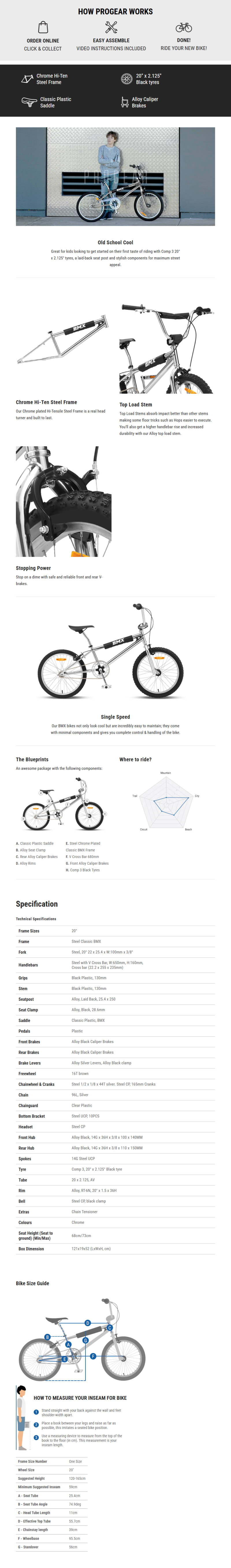 Progear Classic 20" BMX Bike Metallic Chrome infographic
