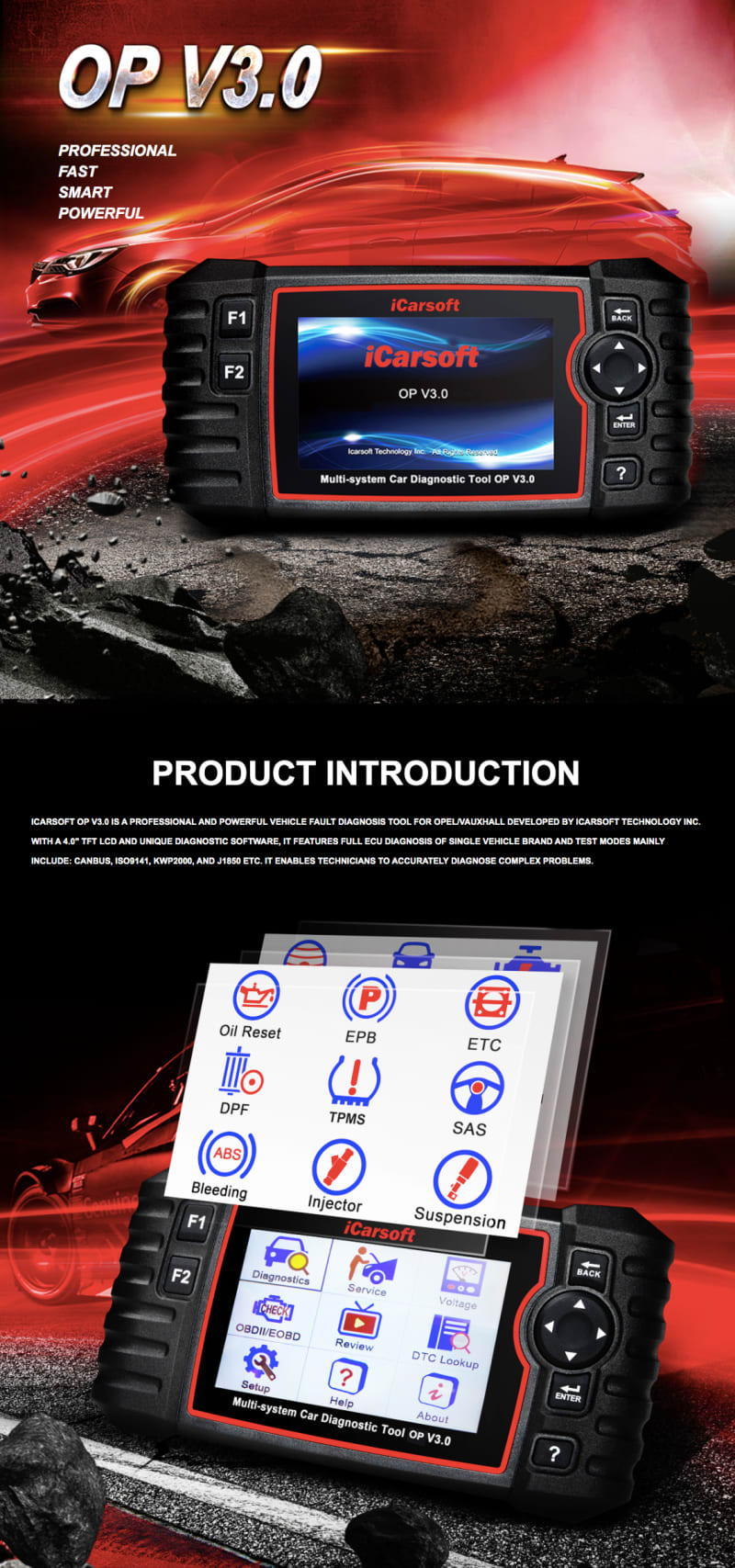 iCarsoft OP V3.0 Professional Diagnostic Scan Tool for Opel & Vauxhall infographic 1 of 4