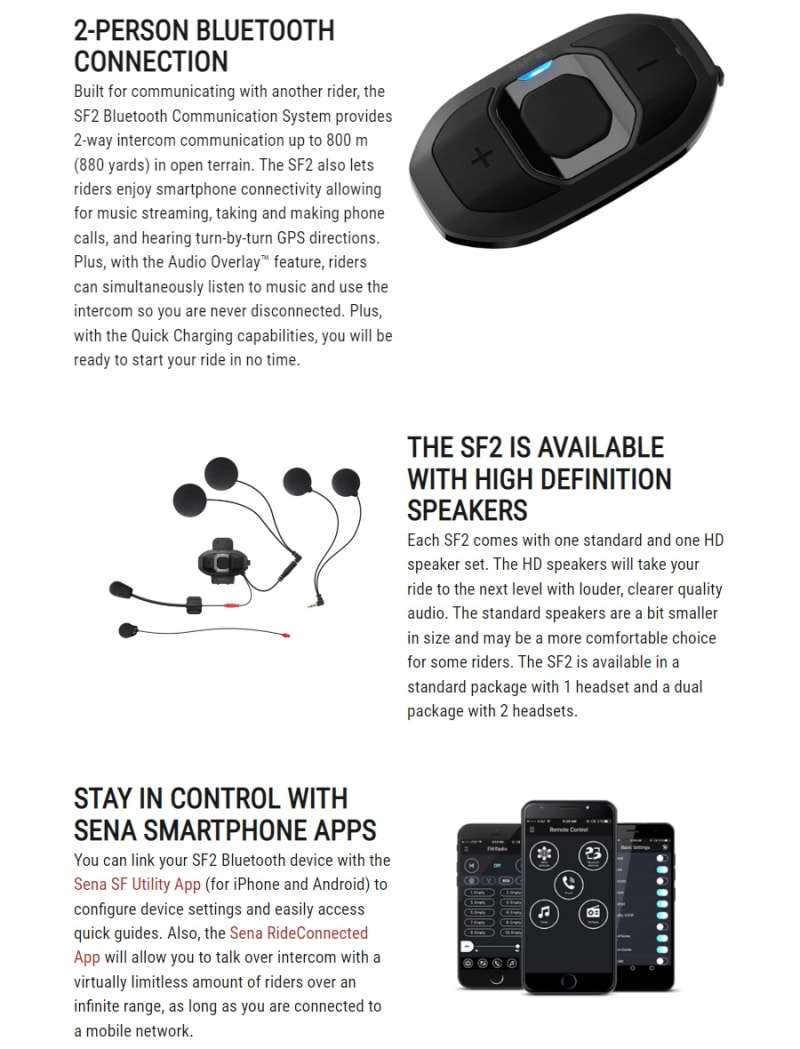 Sena SF2 Motorcycle Bluetooth Communication System SF2-03 infographic