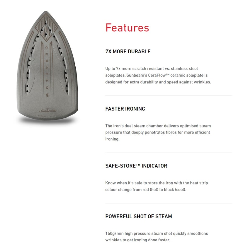 Sunbeam SRC6000 Verve 600 Ceraflow Iron infographic