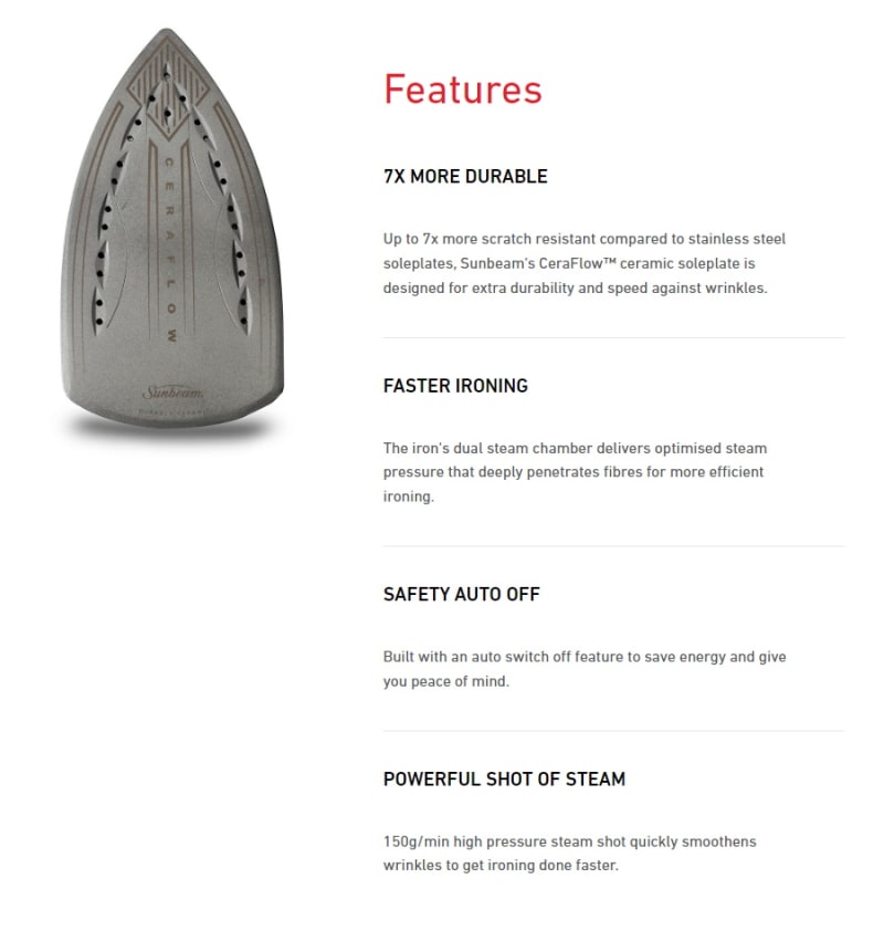 Sunbeam SRC6500 Verve 650 Ceraflow Iron infographic