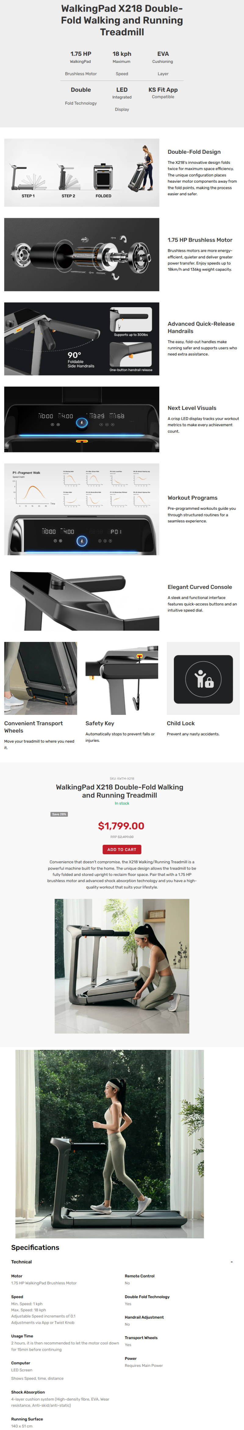 WalkingPad X218 Double-Fold Walking and Running Treadmill infographic
