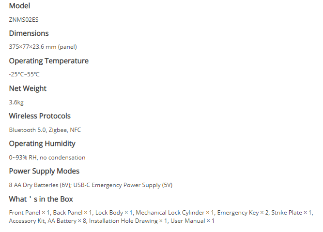 ZNMS02ES specs