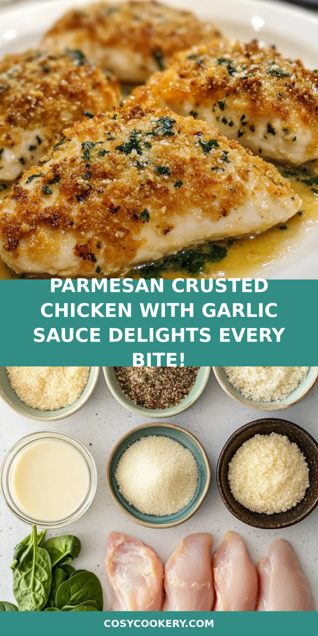 Parmesan Crusted Chicken with Garlic Sauce delights every bite!