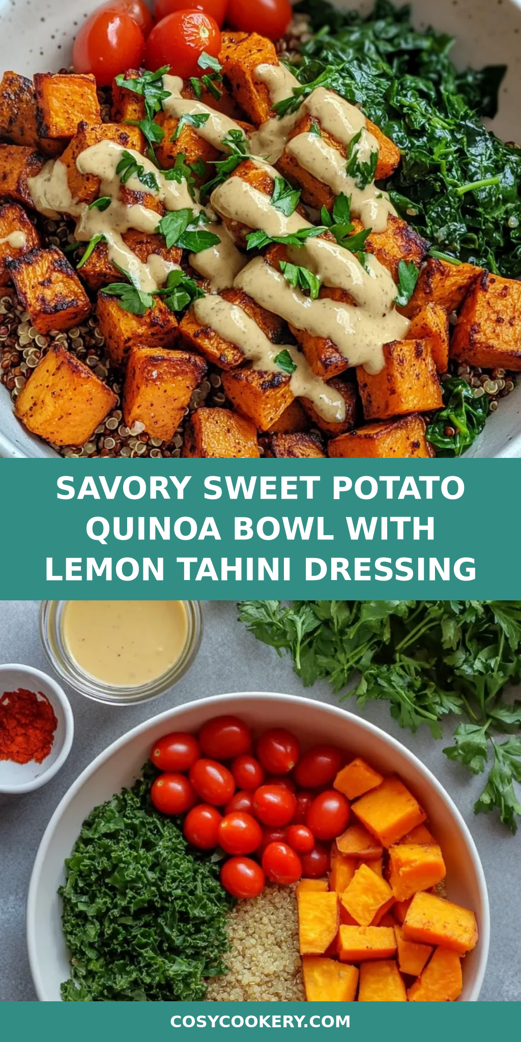 Savory Sweet Potato Quinoa Bowl with Lemon Tahini Dressing
