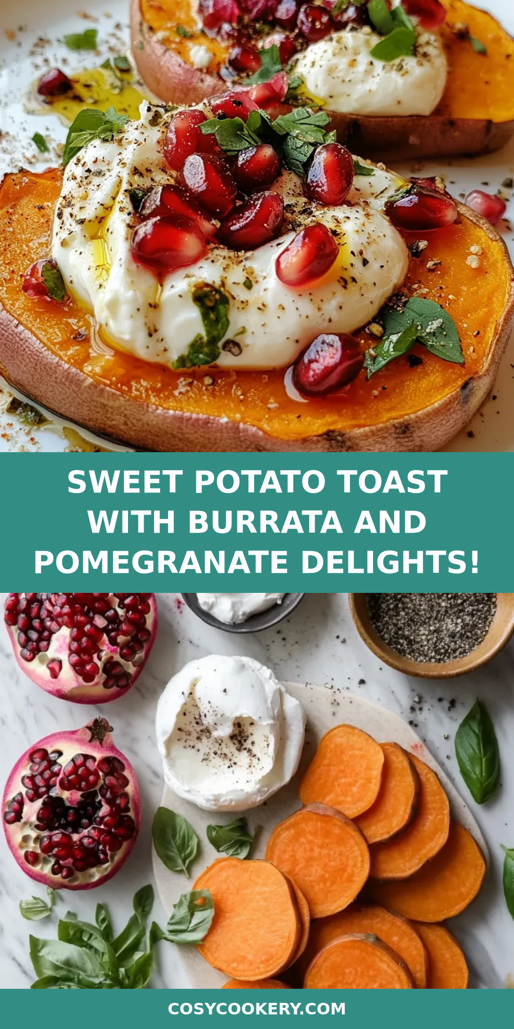 Sweet potato toast with burrata and pomegranate delights!