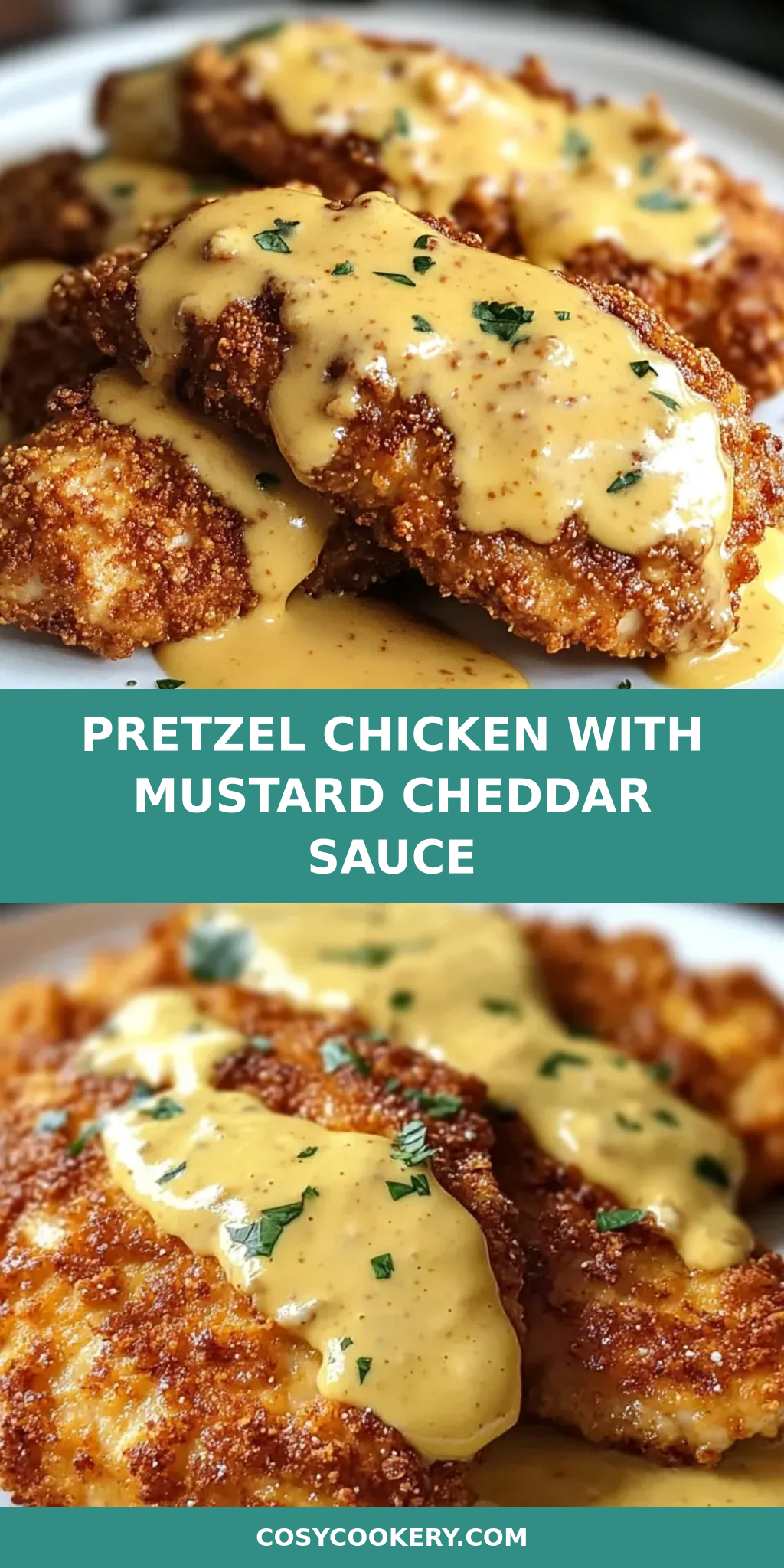 Pretzel Chicken with Mustard Cheddar Sauce