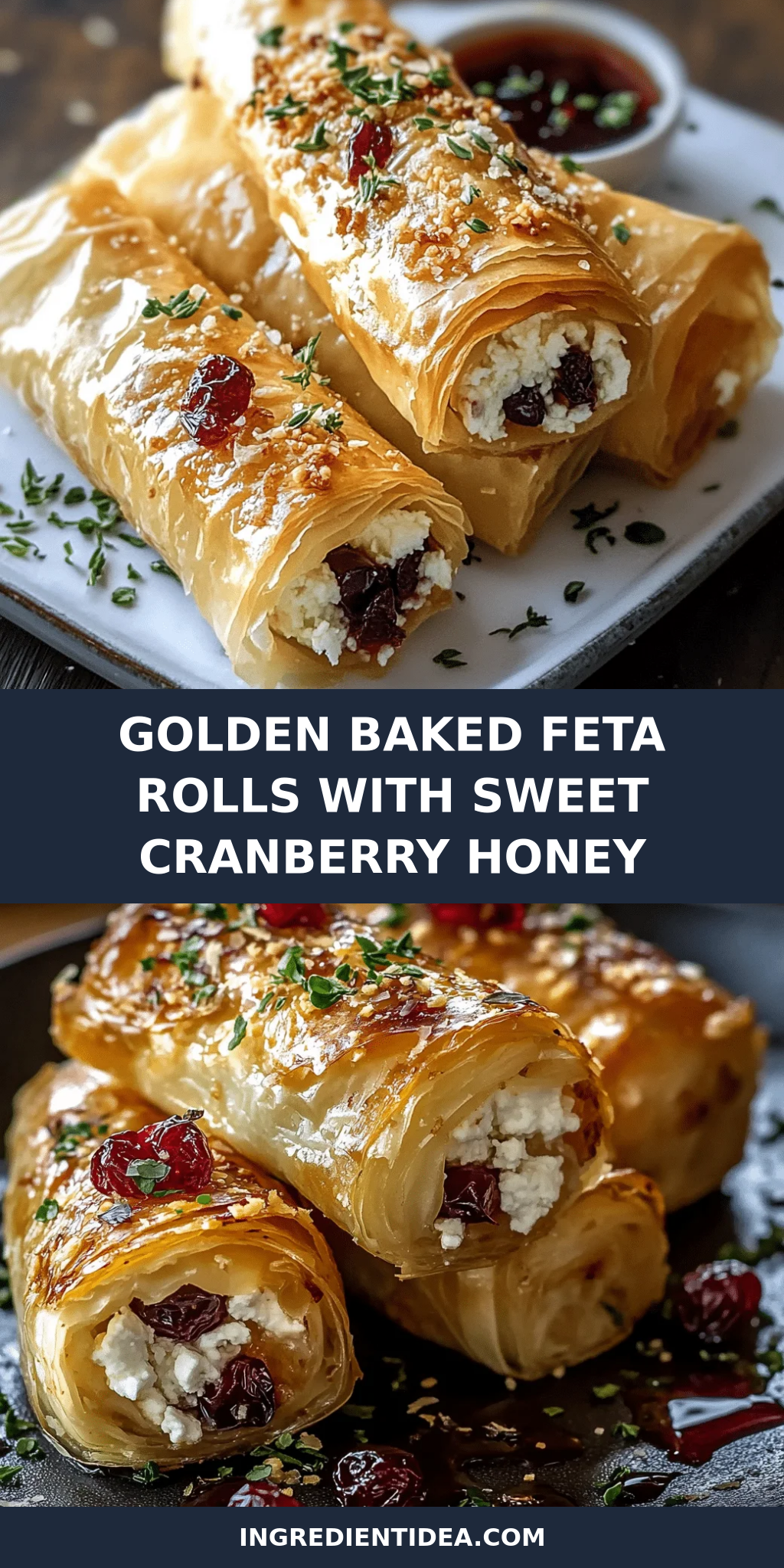 Golden Baked Feta Rolls with Sweet Cranberry Honey