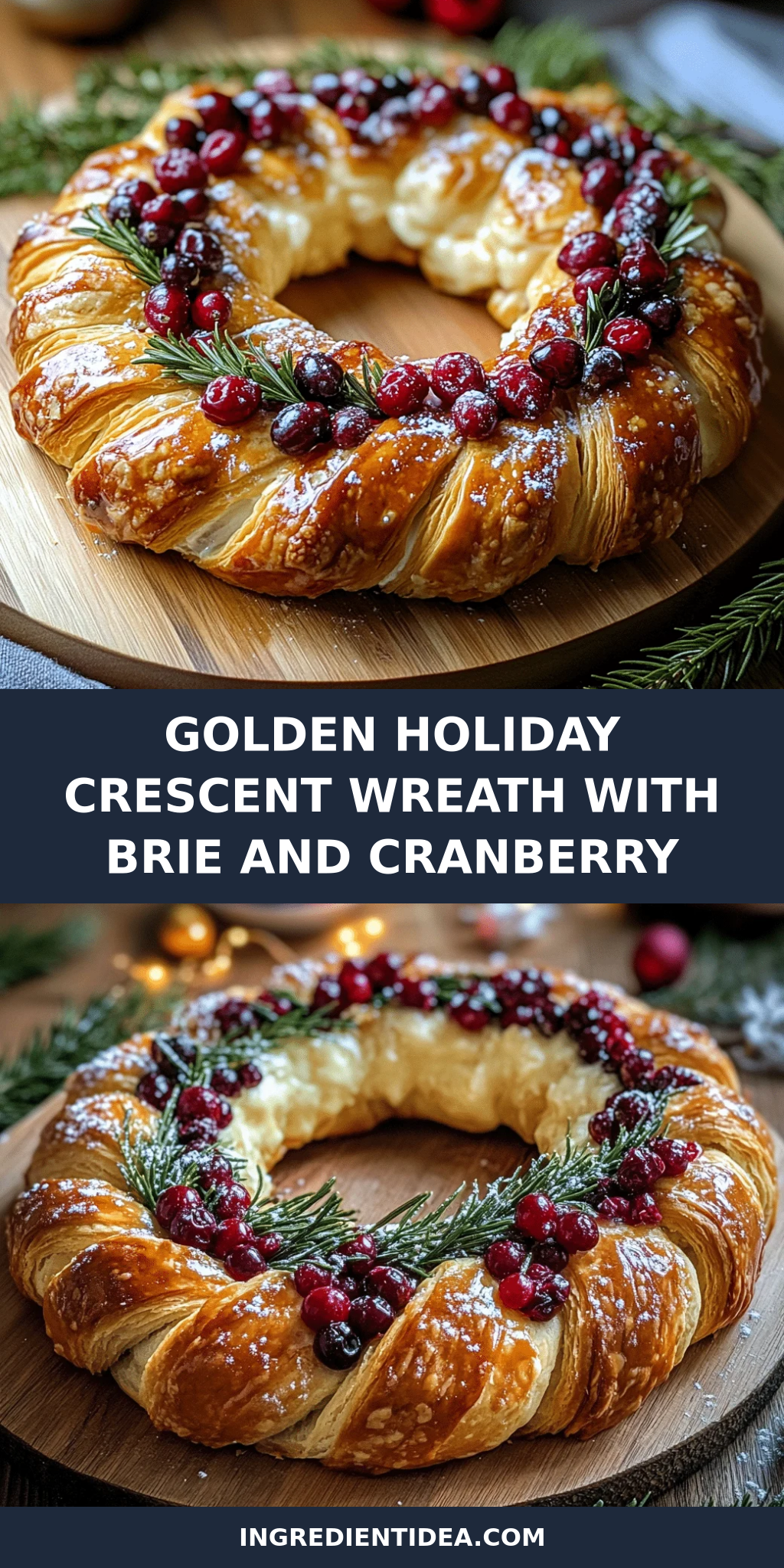 Golden Holiday Crescent Wreath with Brie and Cranberry