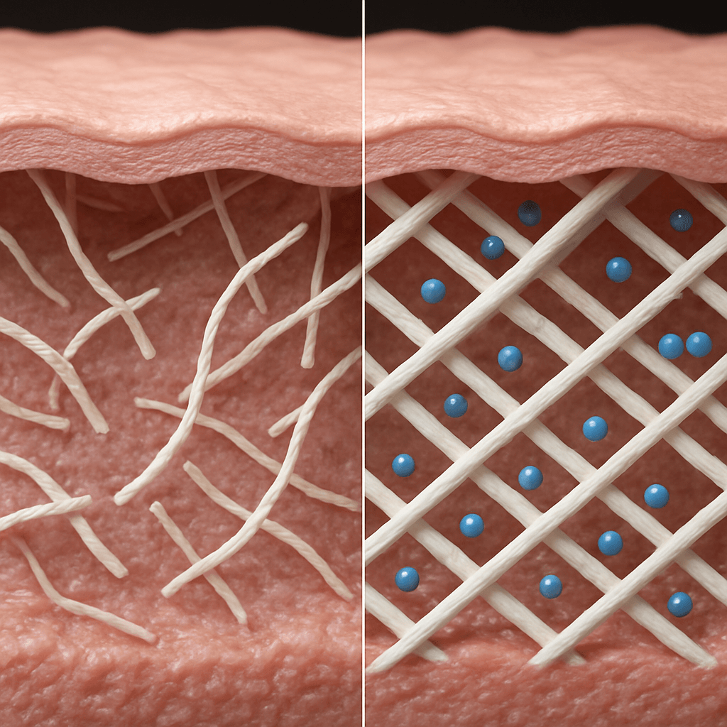 A 3D microscopic view comparing a damaged extracellular matrix with a healthy one rebuilt by GHK-Cu, showing a dense network of organized collagen and elastin fibers. A 3D microscopic view comparing a damaged extracellular matrix with a healthy one rebuilt by GHK-Cu, showing a dense network of organized collagen and elastin fibers.