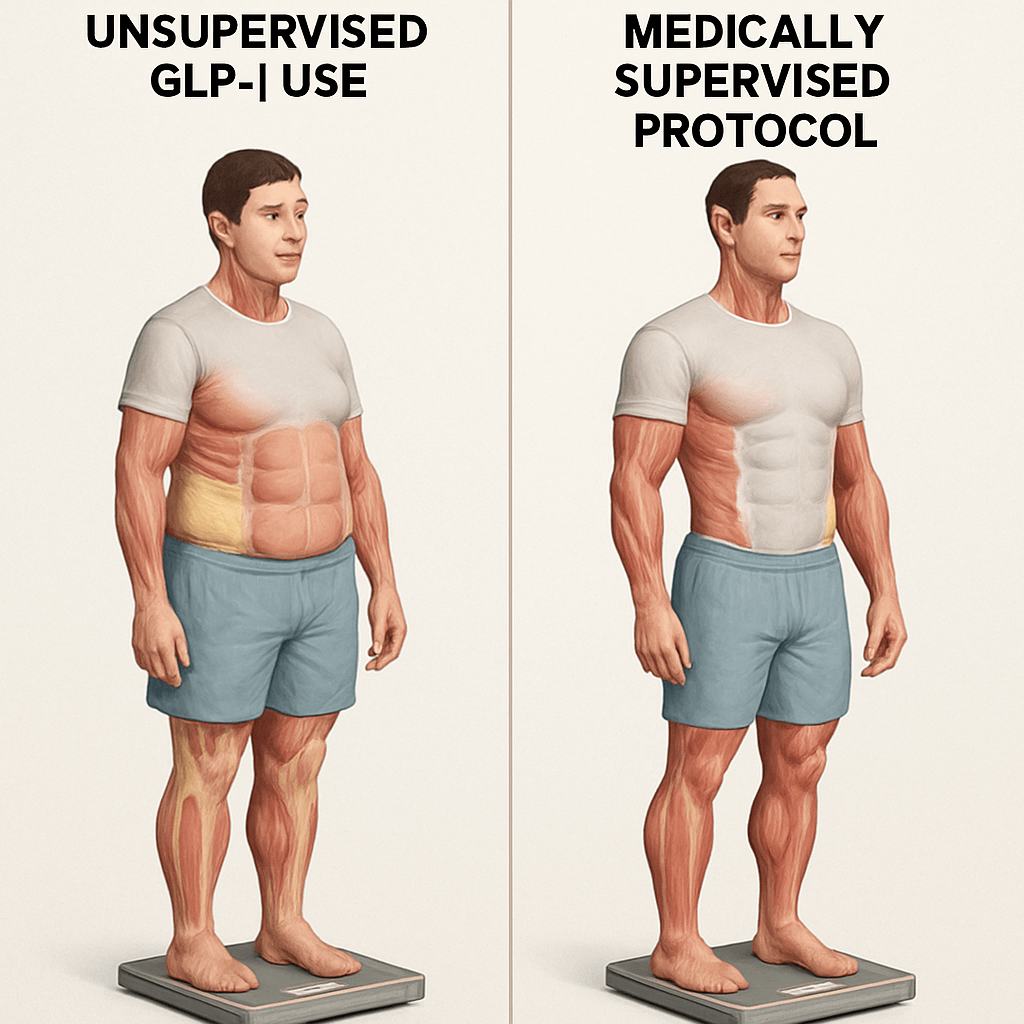A diagram comparing the 'skinny fat' result of muscle loss from unsupervised GLP-1 use with the healthy, muscular outcome of a medically supervised protocol. A diagram comparing the 'skinny fat' result of muscle loss from unsupervised GLP-1 use with the healthy, muscular outcome of a medically supervised protocol.