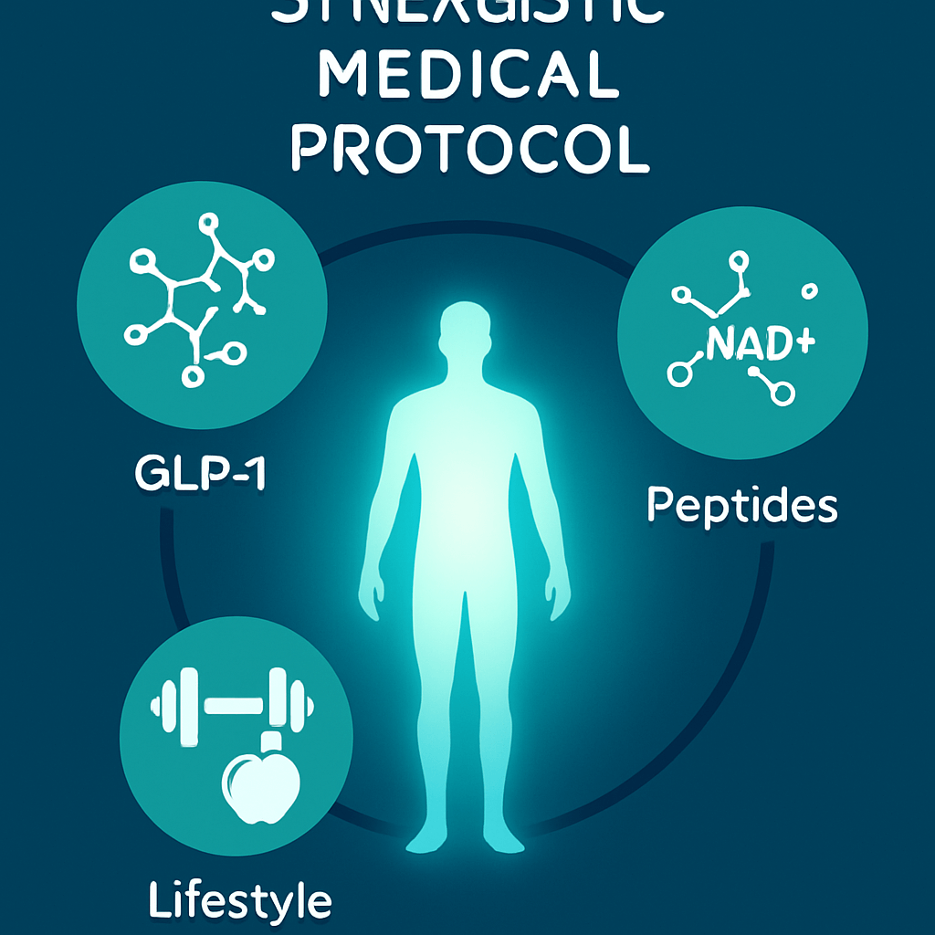 Infographic showing the three pillars of a medically supervised weight loss protocol: GLP-1 medication, synergistic peptides, and a holistic framework of nutrition and exercise. Infographic showing the three pillars of a medically supervised weight loss protocol: GLP-1 medication, synergistic peptides, and a holistic framework of nutrition and exercise.