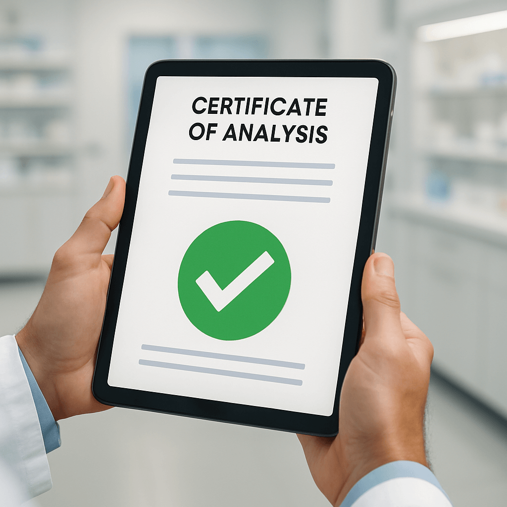 A close-up of a medical professional verifying a Certificate of Analysis for a compounded medication on a tablet, symbolizing safety and due diligence. A close-up of a medical professional verifying a Certificate of Analysis for a compounded medication on a tablet, symbolizing safety and due diligence.