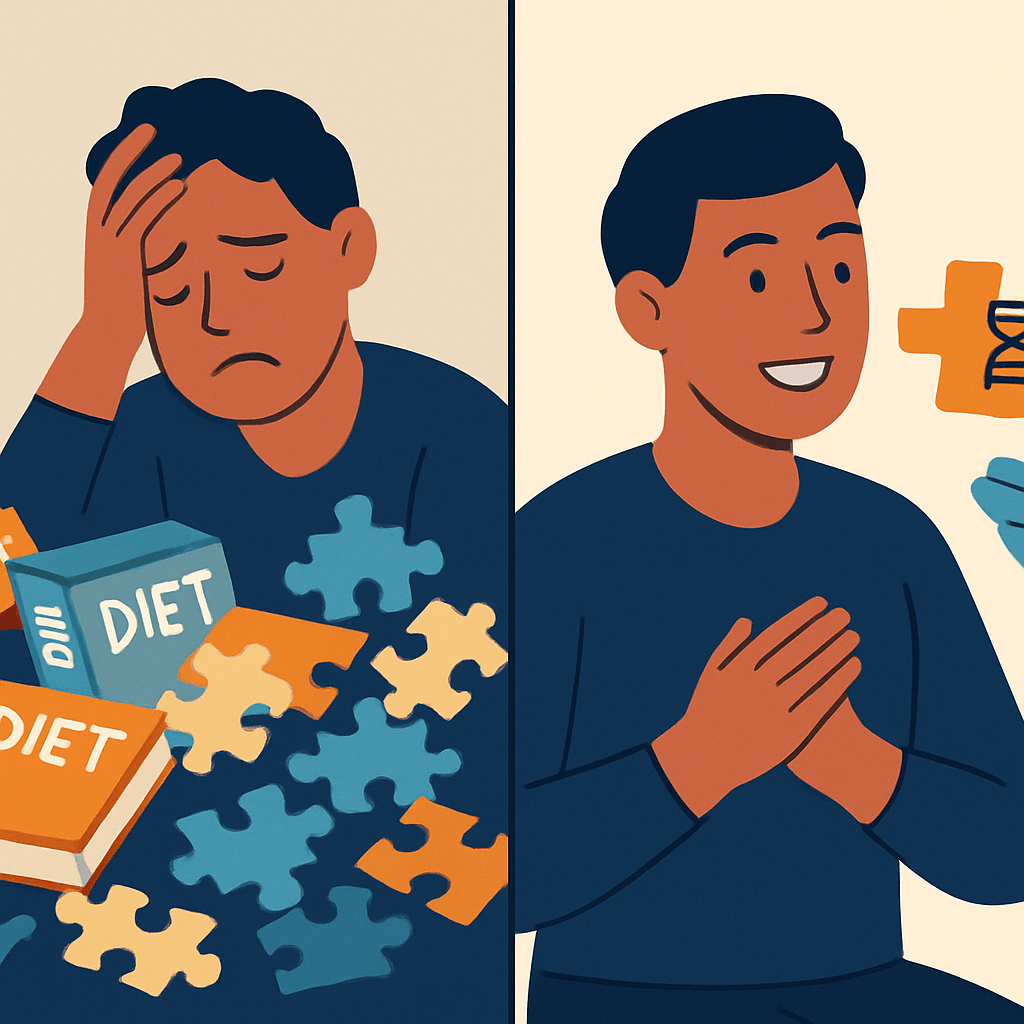 An illustration comparing a frustrating, one-size-fits-all diet approach with a precise, personalized weight loss solution provided by a compounding pharmacist. An illustration comparing a frustrating, one-size-fits-all diet approach with a precise, personalized weight loss solution provided by a compounding pharmacist.