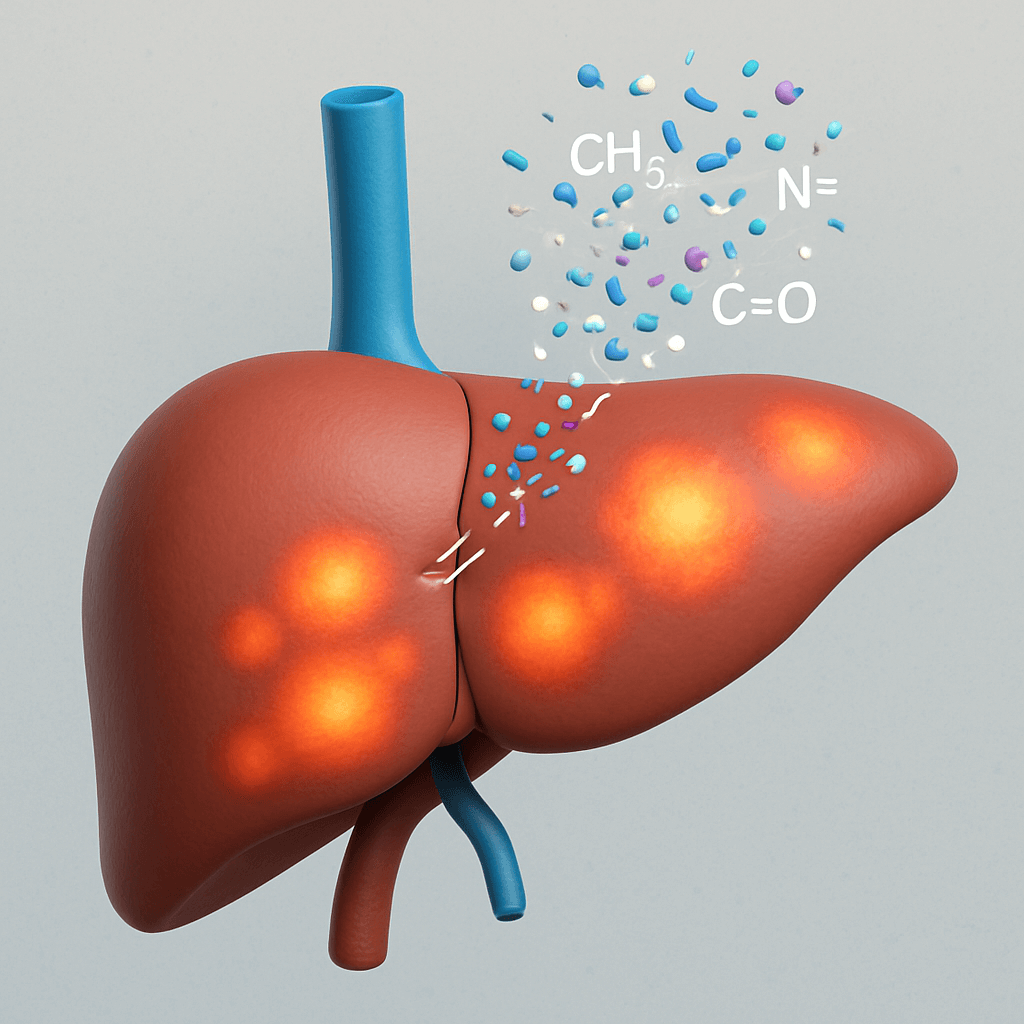 A 3D illustration of the human liver showing the burden of processing microplastics, leading to inflammation and metabolic disruption. A 3D illustration of the human liver showing the burden of processing microplastics, leading to inflammation and metabolic disruption.