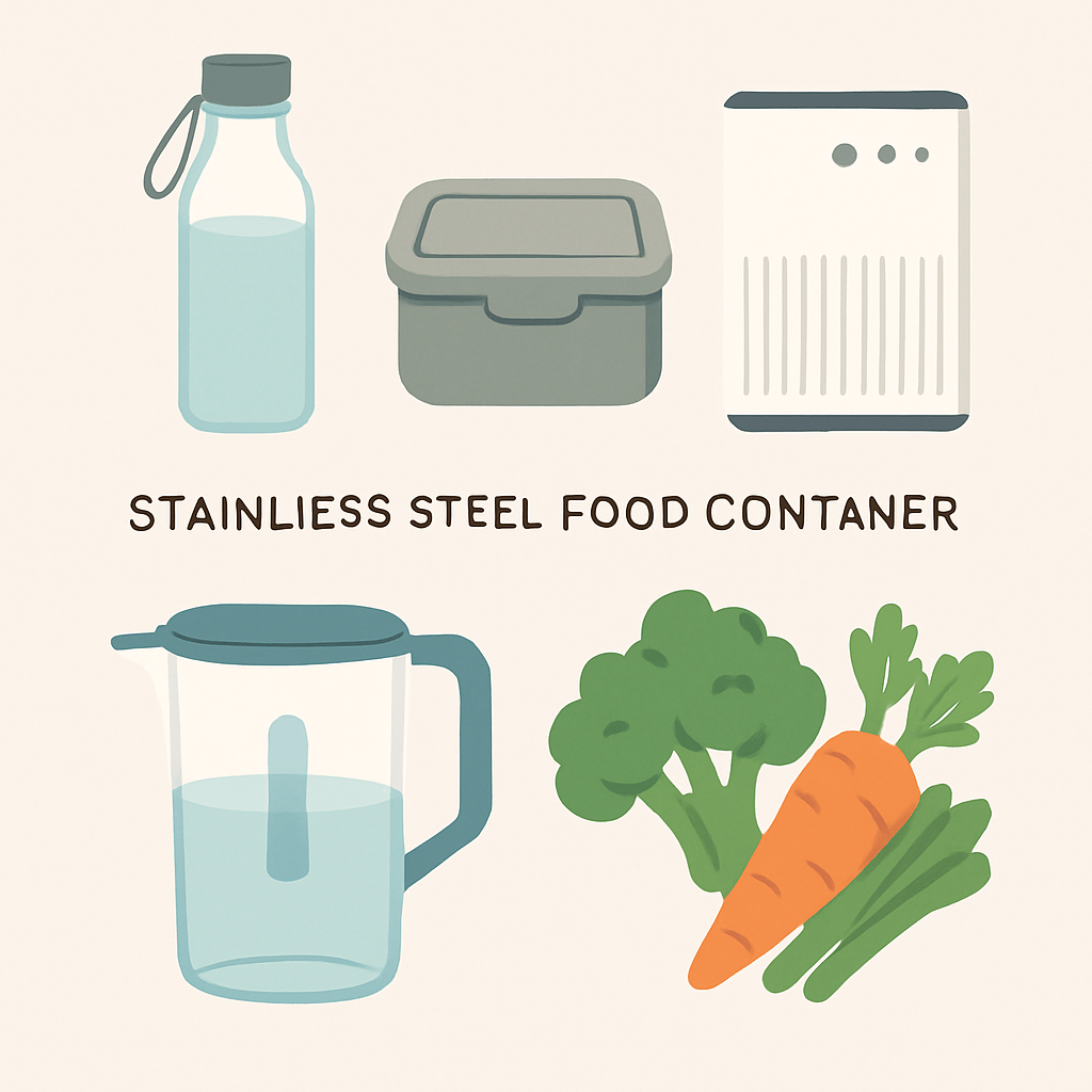 An illustration showcasing practical tools for reducing microplastic exposure, including a glass bottle, steel container, air filter, water filter, and fresh foods. An illustration showcasing practical tools for reducing microplastic exposure, including a glass bottle, steel container, air filter, water filter, and fresh foods.