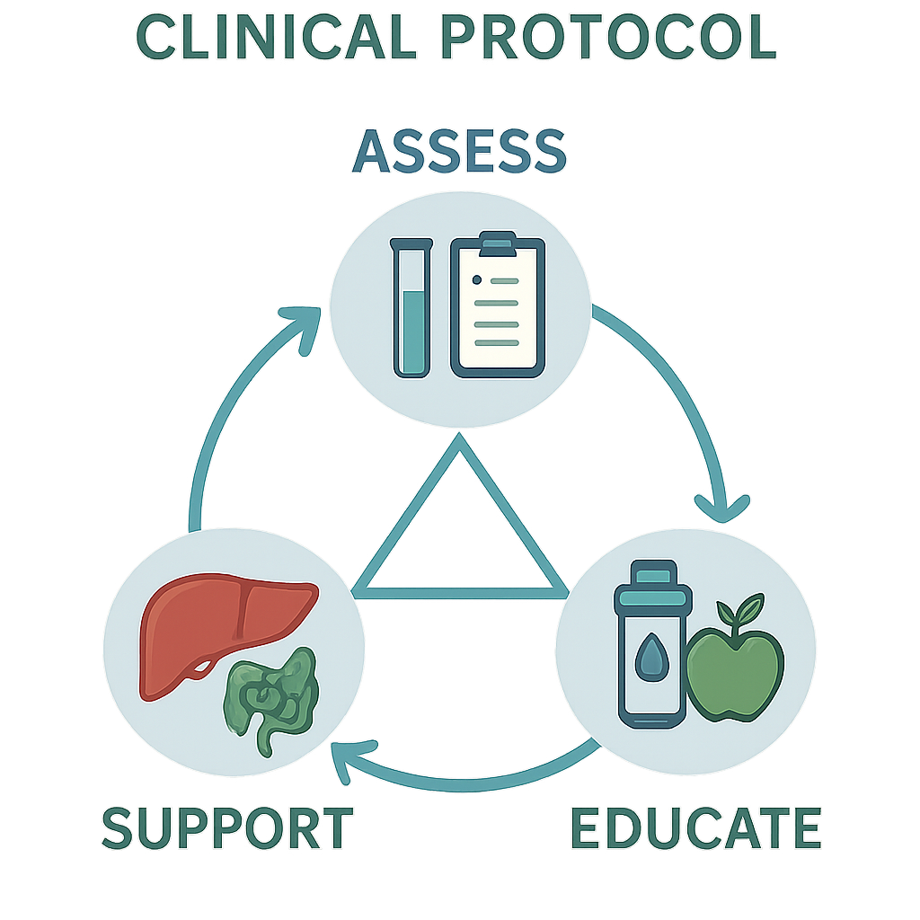 An infographic showing the three stages of the clinical protocol for microplastic toxicity: Assess with biomarkers, Support the liver and gut, and Educate the patient on exposure reduction. An infographic showing the three stages of the clinical protocol for microplastic toxicity: Assess with biomarkers, Support the liver and gut, and Educate the patient on exposure reduction.