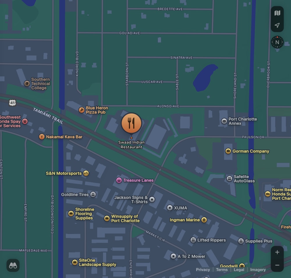 Apple Maps showing Swaad Indian Restaurant at 1032 S Tamiami Trl, Port Charlotte