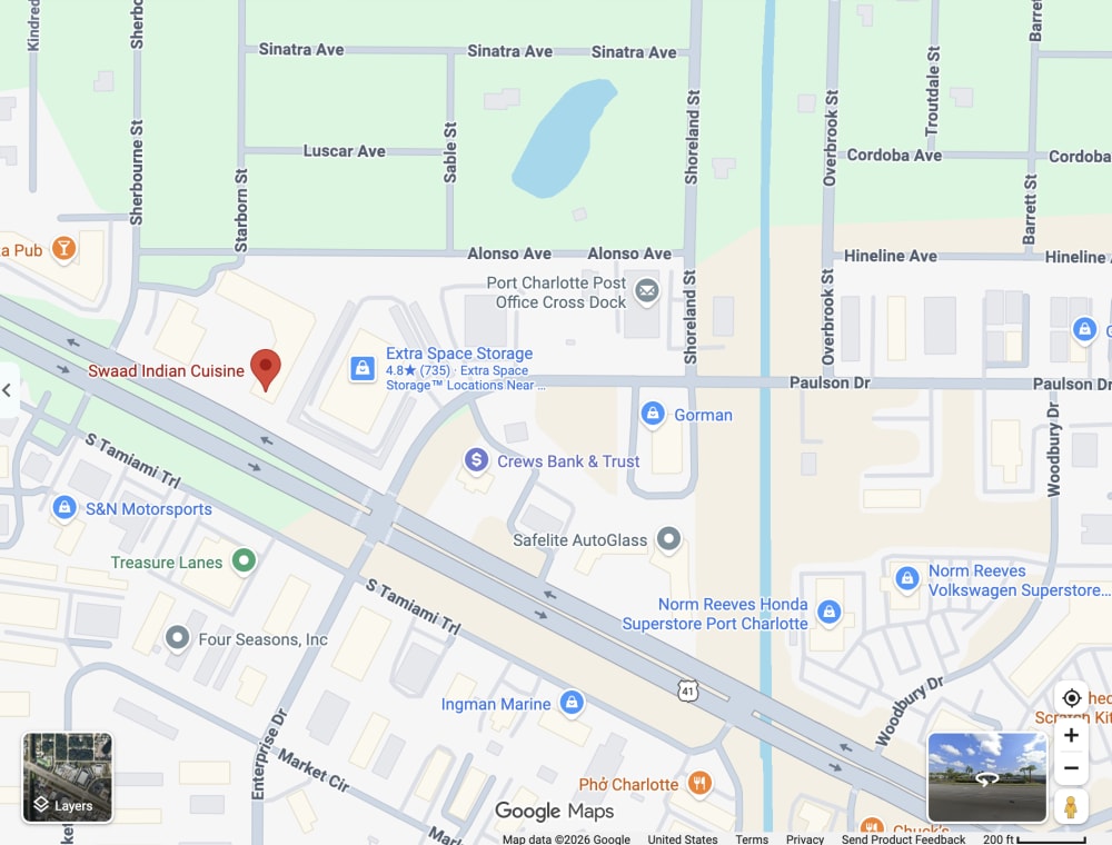Google Maps showing Swaad Indian Restaurant at 1032 S Tamiami Trl, Port Charlotte