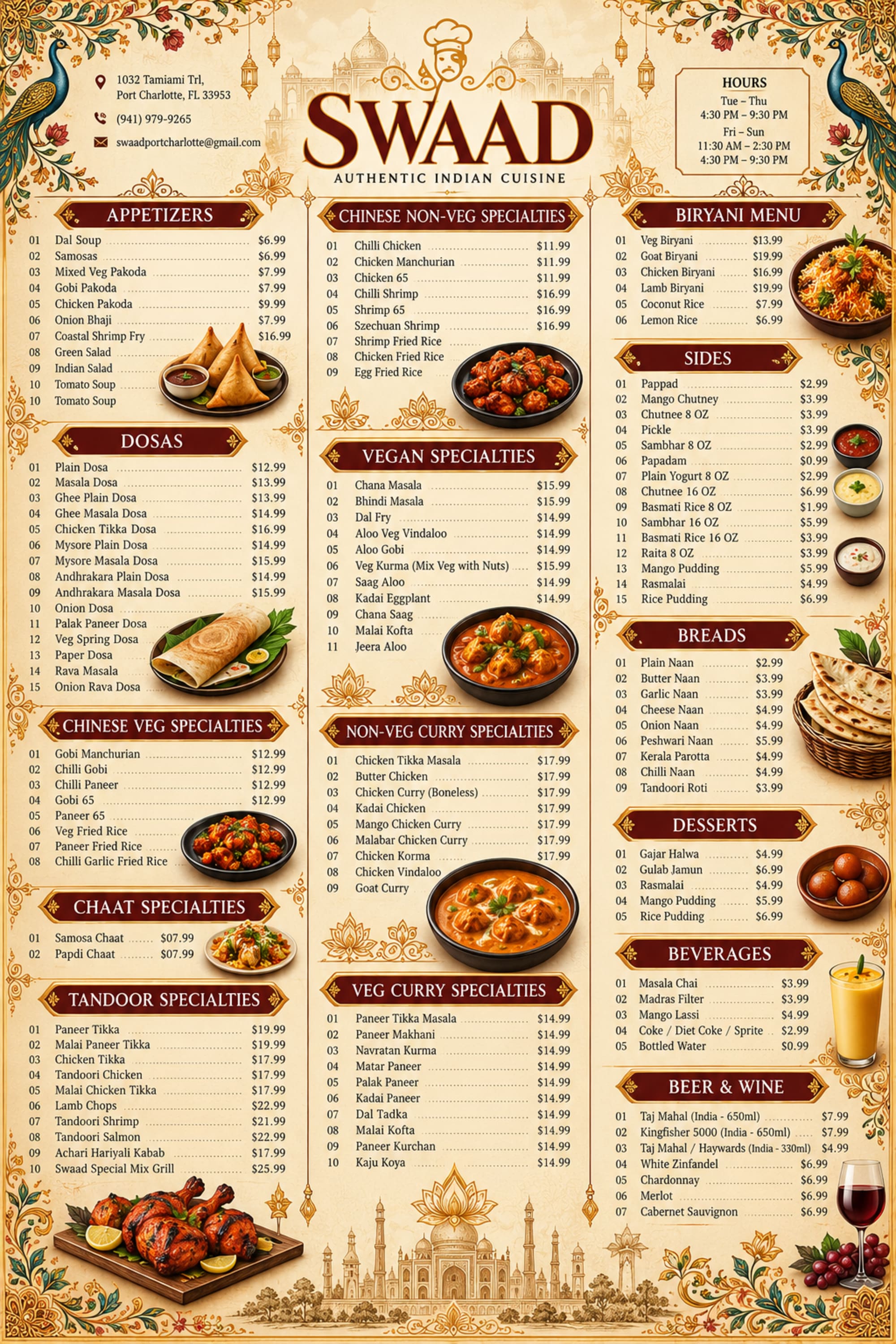 Swaad Authentic Indian Cuisine full printed menu: appetizers, chaat, dosa, tandoori, curries, goat and lamb, biryani, Indo-Chinese, breads, sides and beverages. The same dishes are listed as text in the online menu above.
