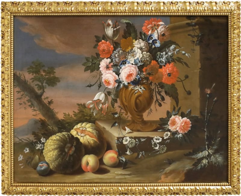 Francesco Lavagna — Natura Morta in un paesaggio con fiori, zucca, mele e fichi