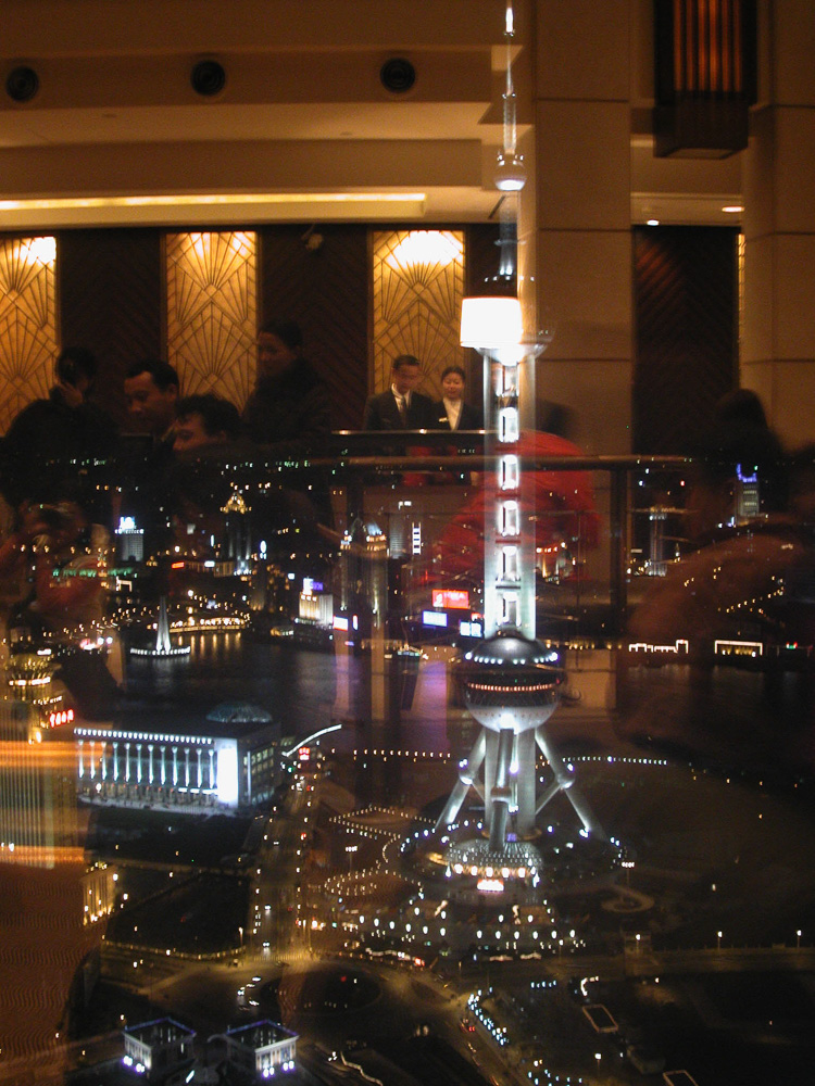 Pearl Tower, Shanghai from the lobby of Grand Hyatt.  China trip New Years Eve 2002, a trip that inspired me to work with light in dark environment.