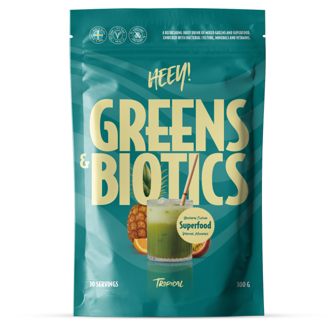 Heey! Greens & Biotics Tropical, veganskt greenspulver med 300 miljoner CFU Bacillus coagulans BC01 sporbildande probiotika, 10 g per portion
