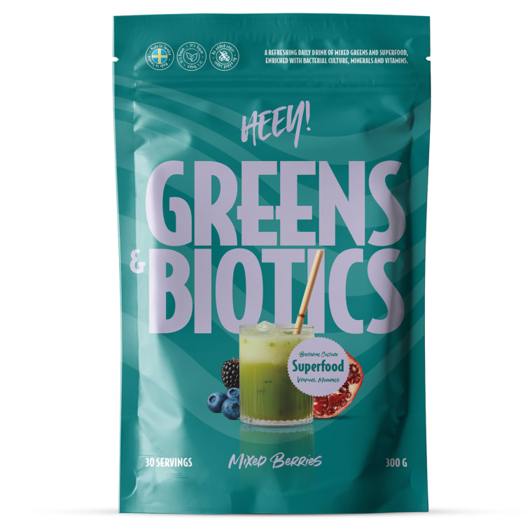 Heey! Greens & Biotics Mixed Berries, veganskt greenspulver med 300 miljoner CFU Bacillus coagulans BC01 sporbildande probiotika, 10 g per portion