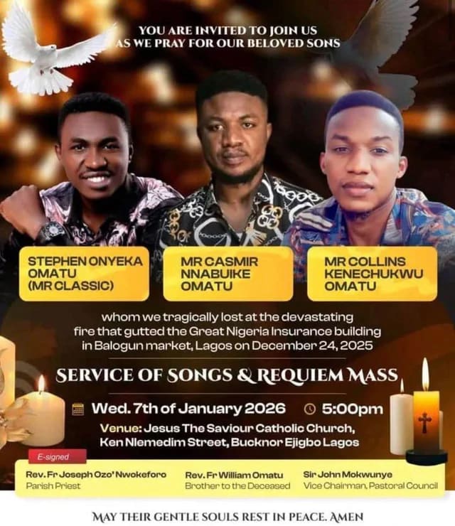 Balogun Market Fire Tragedy: Family Announces Service of Songs for Three Brothers who died in Inferno