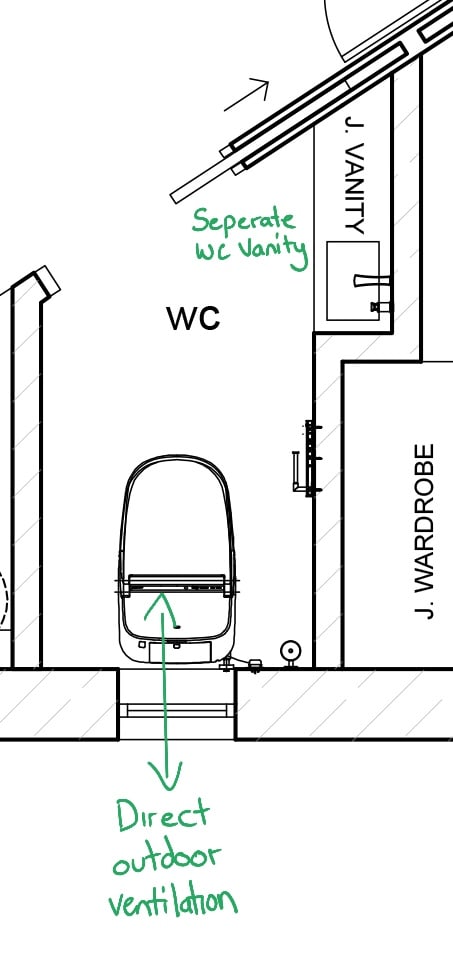 Proposed layout with toilet relocated to the exterior wall for direct ventilation and an added separate basin