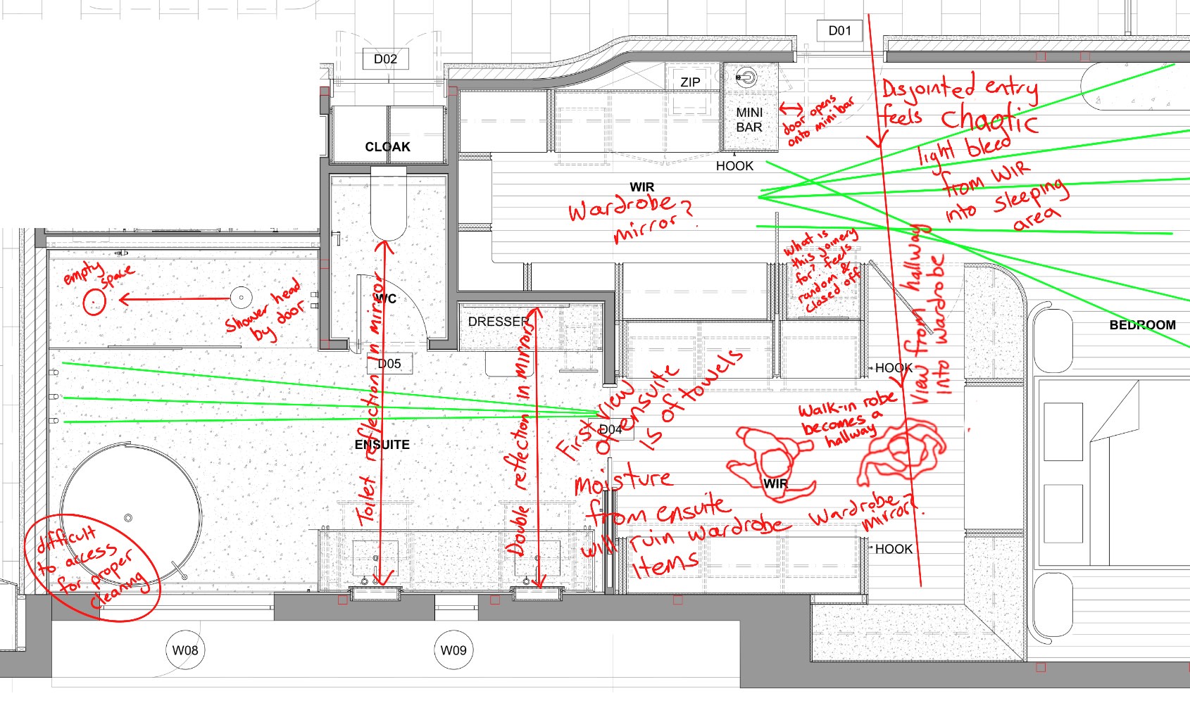 Original floor plan annotated with design notes highlighting problem areas