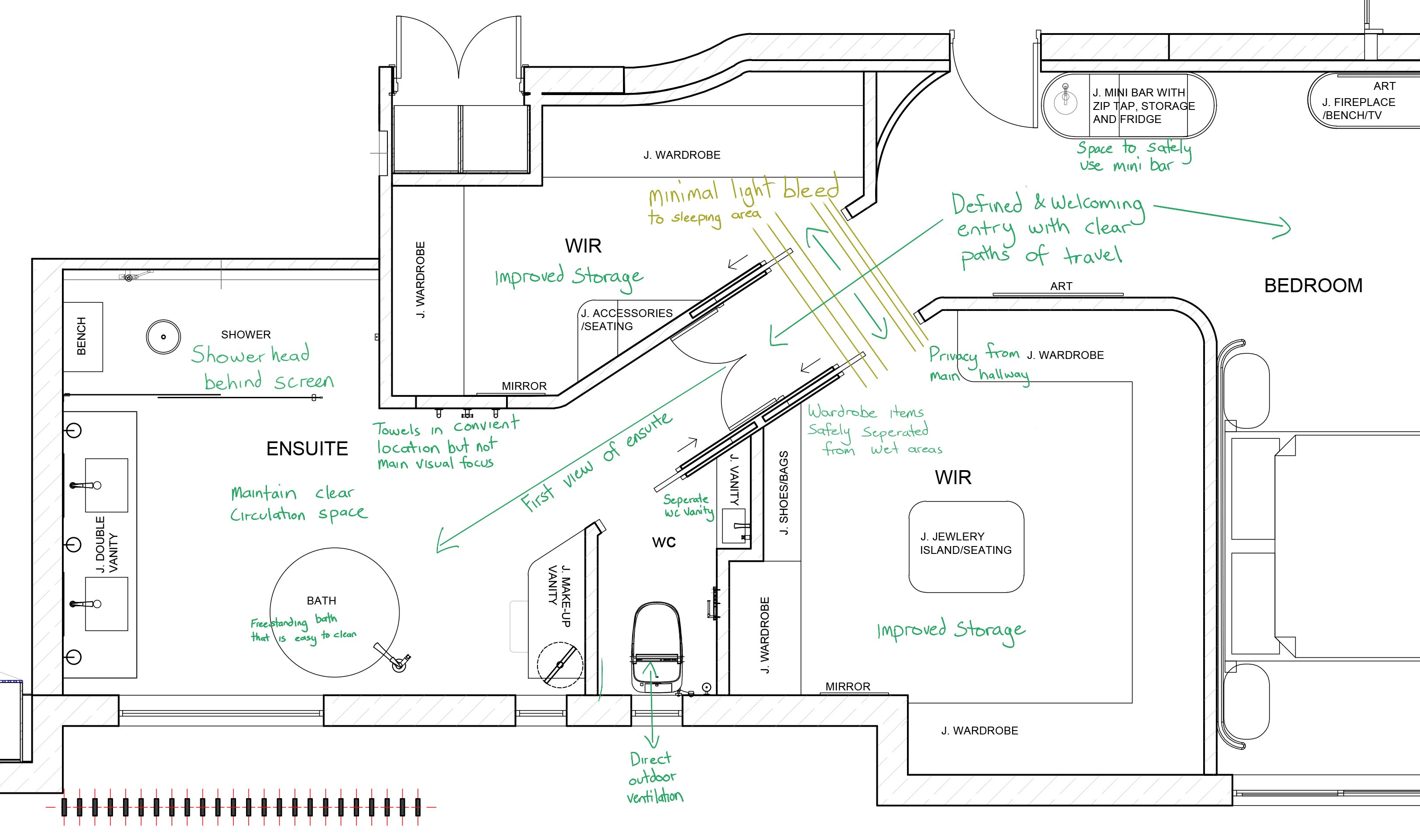 Patina Design Studio proposed concept layout annotated with notes showing all improvements