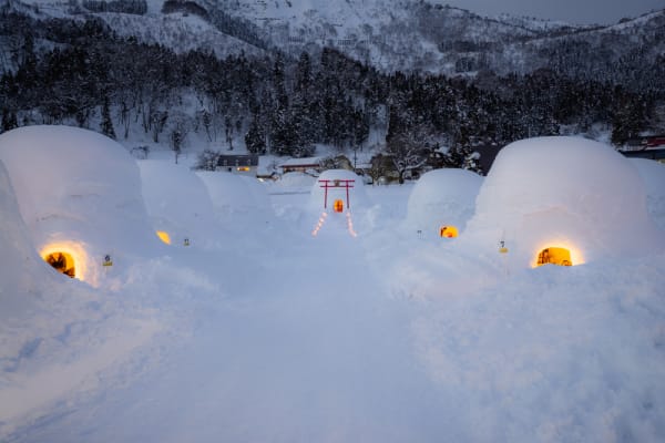 Illuminated igloo dome against mountain forest at dusk