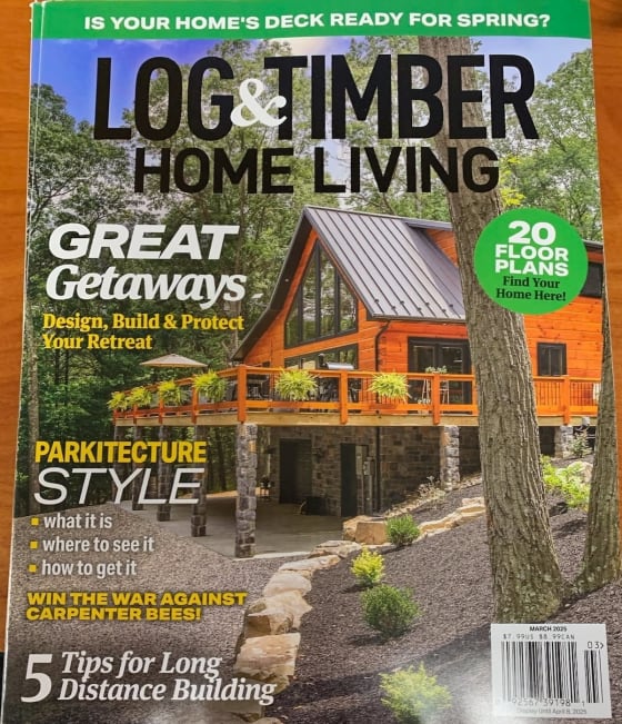 Bryson Homes featured on the cover of Log & Timber Home Living magazine, March 2025