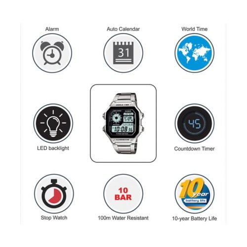Casio – Montre homme argentée bracelet en acier inoxydable – AE-1200WHD-1AVDF Casio – Montre homme argentée bracelet en acier inoxydable – AE-1200WHD-1AVDF