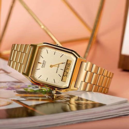 Casio – Double montre digitale/analogique – Bracelet inoxydable doré – AQ-230GA-9DMQ Casio – Double montre digitale/analogique – Bracelet inoxydable doré – AQ-230GA-9DMQ