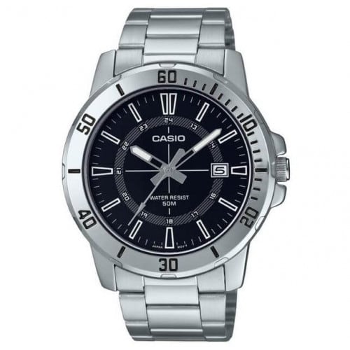 Casio – Cadran noir en bracelet inoxydable et avec dateur pour homme – MTP-VD01D-1CV