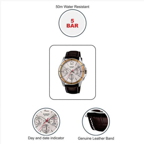 Casio – Montre homme doré argenté – Bracelet en cuir marron – MTP-1374L-7AVDF Casio – Montre homme doré argenté – Bracelet en cuir marron – MTP-1374L-7AVDF