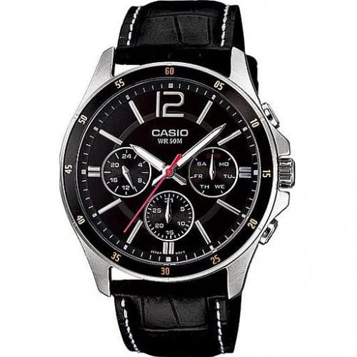 Casio – Bracelet cuir noir couture blanche – Cadran noir – MTP-1374L-1A