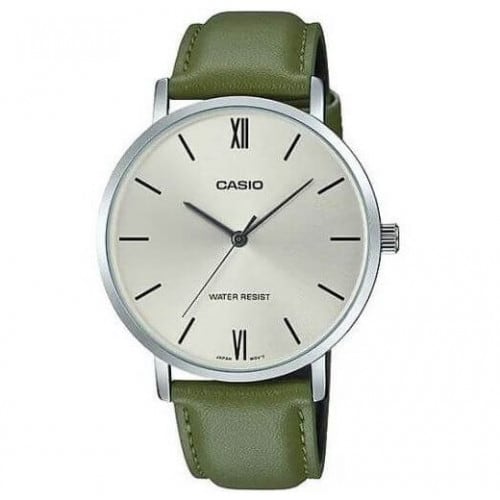 Casio – Bracelet en cuir vert – Cadran argenté – Boîtier extra plat – MTP-VT01L-3B Casio – Bracelet en cuir vert – Cadran argenté – Boîtier extra plat – MTP-VT01L-3B