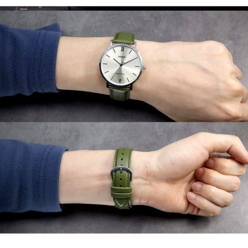Casio – Bracelet en cuir vert – Cadran argenté – Boîtier extra plat – MTP-VT01L-3B Casio – Bracelet en cuir vert – Cadran argenté – Boîtier extra plat – MTP-VT01L-3B