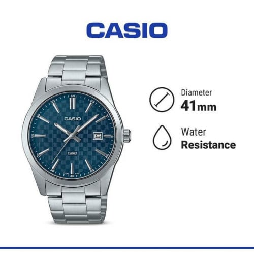 Casio – Montre fond bleu avec dateur pour hommes – Bracelet en acier inoxydable – MTP-VD03D-2A2 Casio – Montre fond bleu avec dateur pour hommes – Bracelet en acier inoxydable – MTP-VD03D-2A2