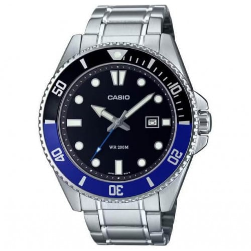 Casio – Sous-marine 200 m pour hommes – Cadran noir, lunette rotative noir/bleu – Tout en acier inoxydable – MDV-107D-1A2V Casio – Sous-marine 200 m pour hommes – Cadran noir, lunette rotative noir/bleu – Tout en acier inoxydable – MDV-107D-1A2V