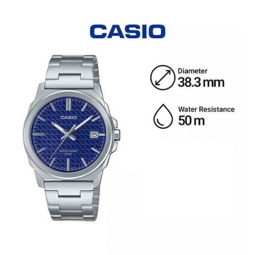 Casio – Cadran bleu avec texturée dans un design simple et moderne, Dateur à 3h – MTP-E720D-2AV Casio – Cadran bleu avec texturée dans un design simple et moderne, Dateur à 3h – MTP-E720D-2AV