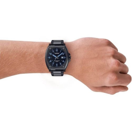 Casio – Tout en acier inoxydable noir – avec dateur & étanche – Index chiffres bleu – MTP-E715D-1AV Casio – Tout en acier inoxydable noir – avec dateur & étanche – Index chiffres bleu – MTP-E715D-1AV