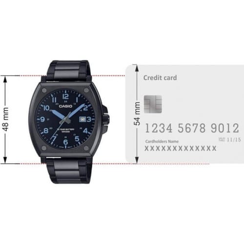 Casio – Tout en acier inoxydable noir – avec dateur & étanche – Index chiffres bleu – MTP-E715D-1AV Casio – Tout en acier inoxydable noir – avec dateur & étanche – Index chiffres bleu – MTP-E715D-1AV