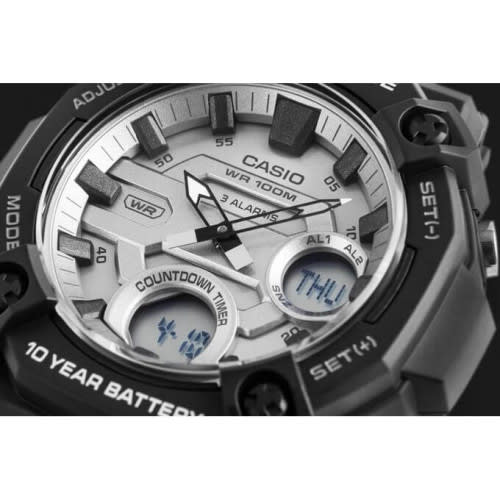 Casio – Robuste & très facile à lire – Double montre avec cadran argenté – Bracelet en résine noir – AEQ-120W-7AV