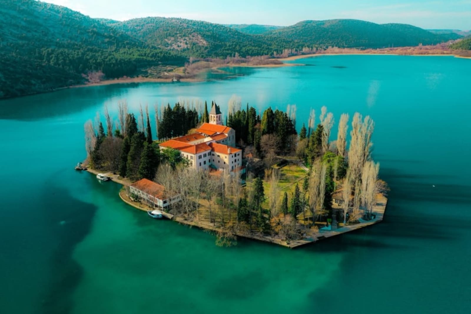Visovac Island in the middle of a lake, National park Krka, Croatia