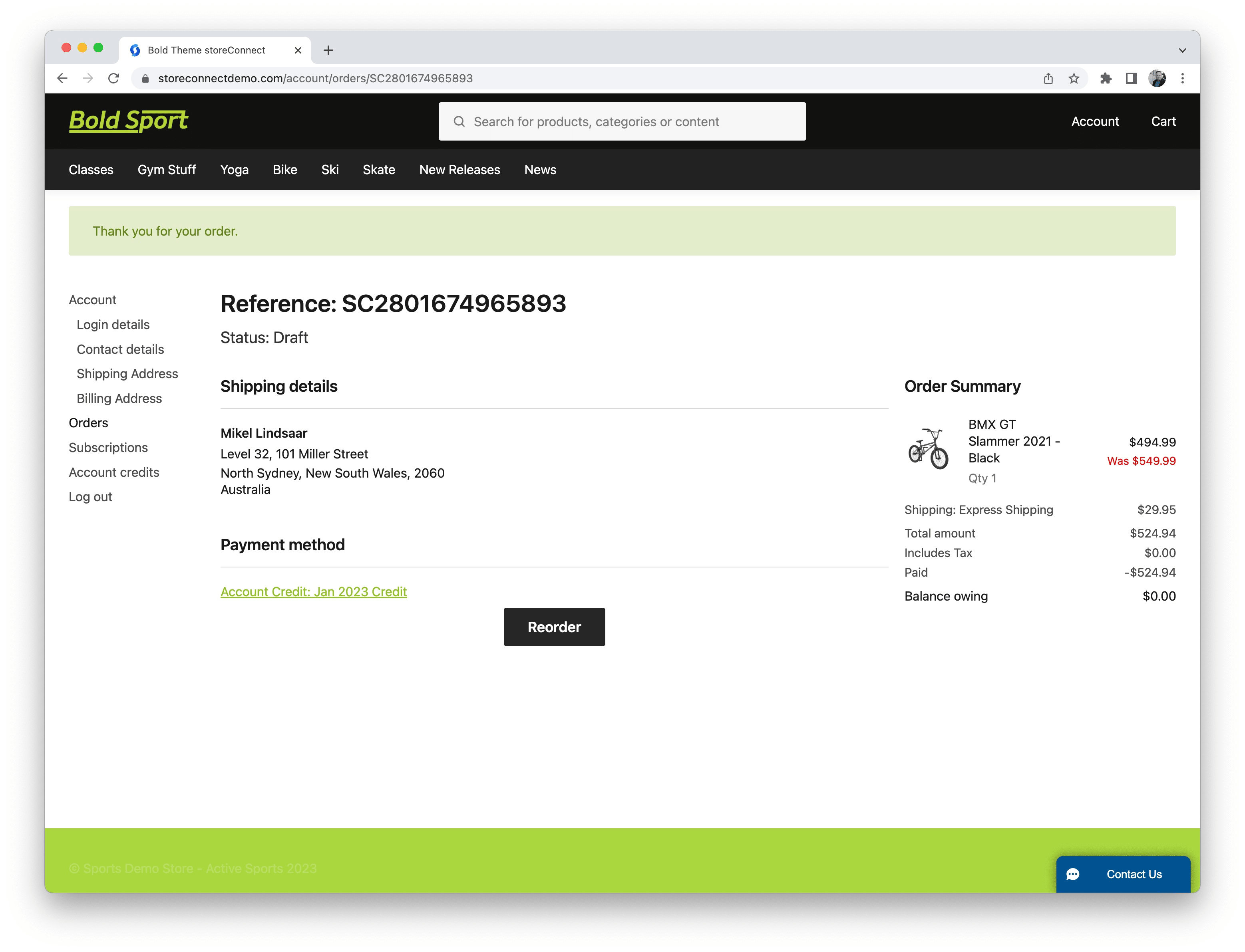 Order summary screen after successful purchase with account credit