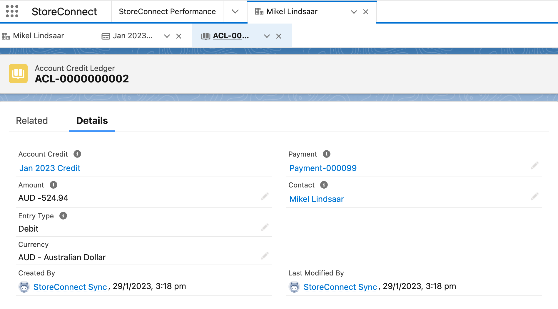 Salesforce Account Credit Ledger Entrie records
